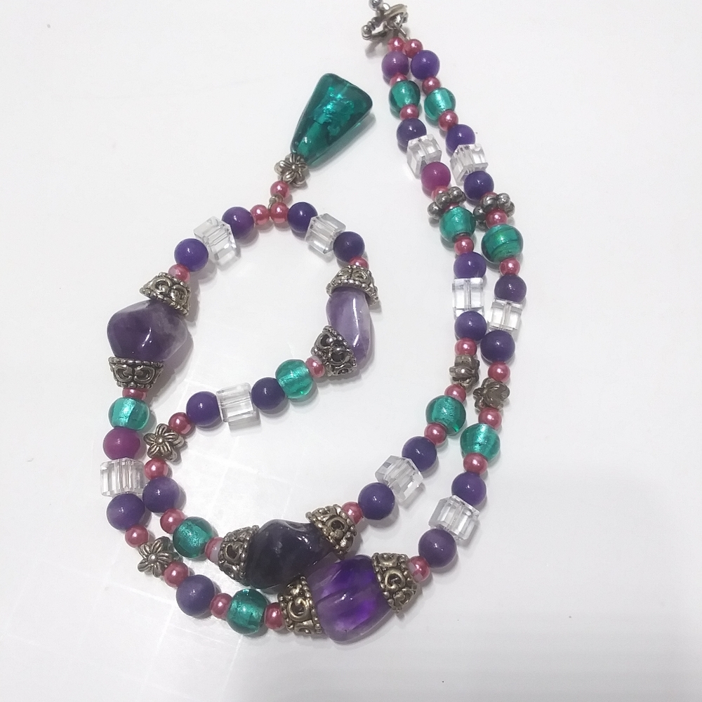 Pink, Green & Purple Beaded Necklace - Picture 4 of 9